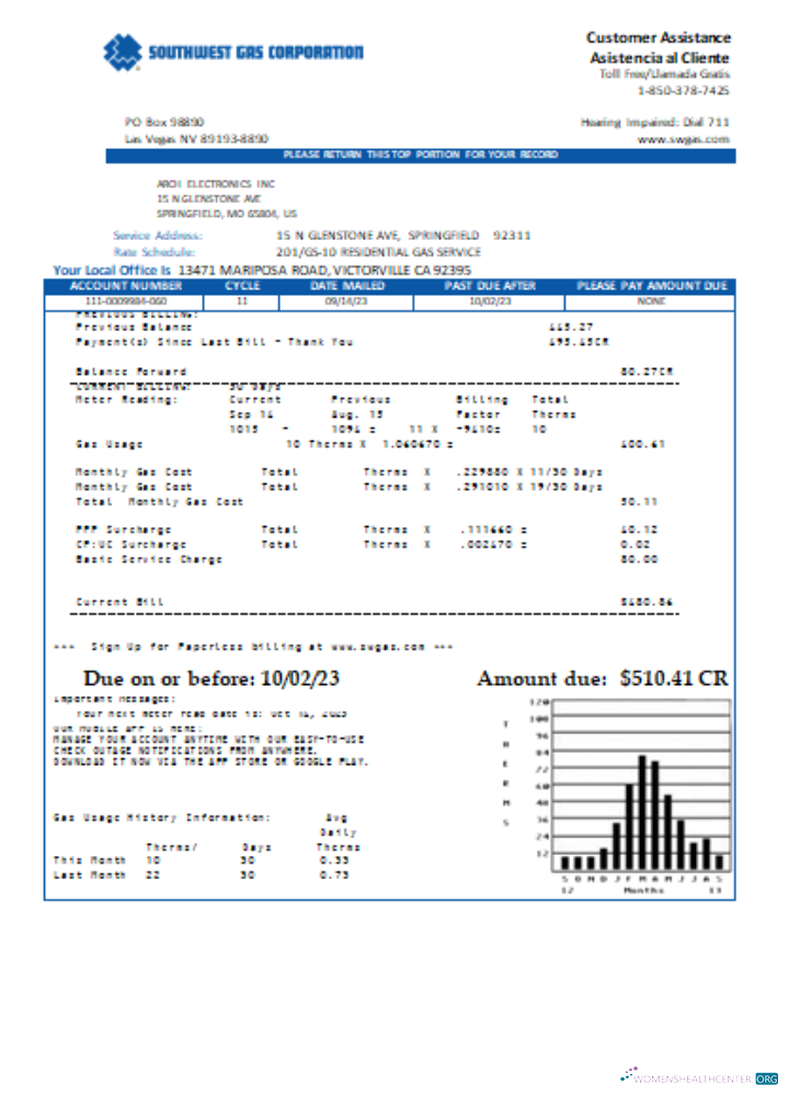 Download Southwest gas Corporation utility business bill, SCR Photoshop template